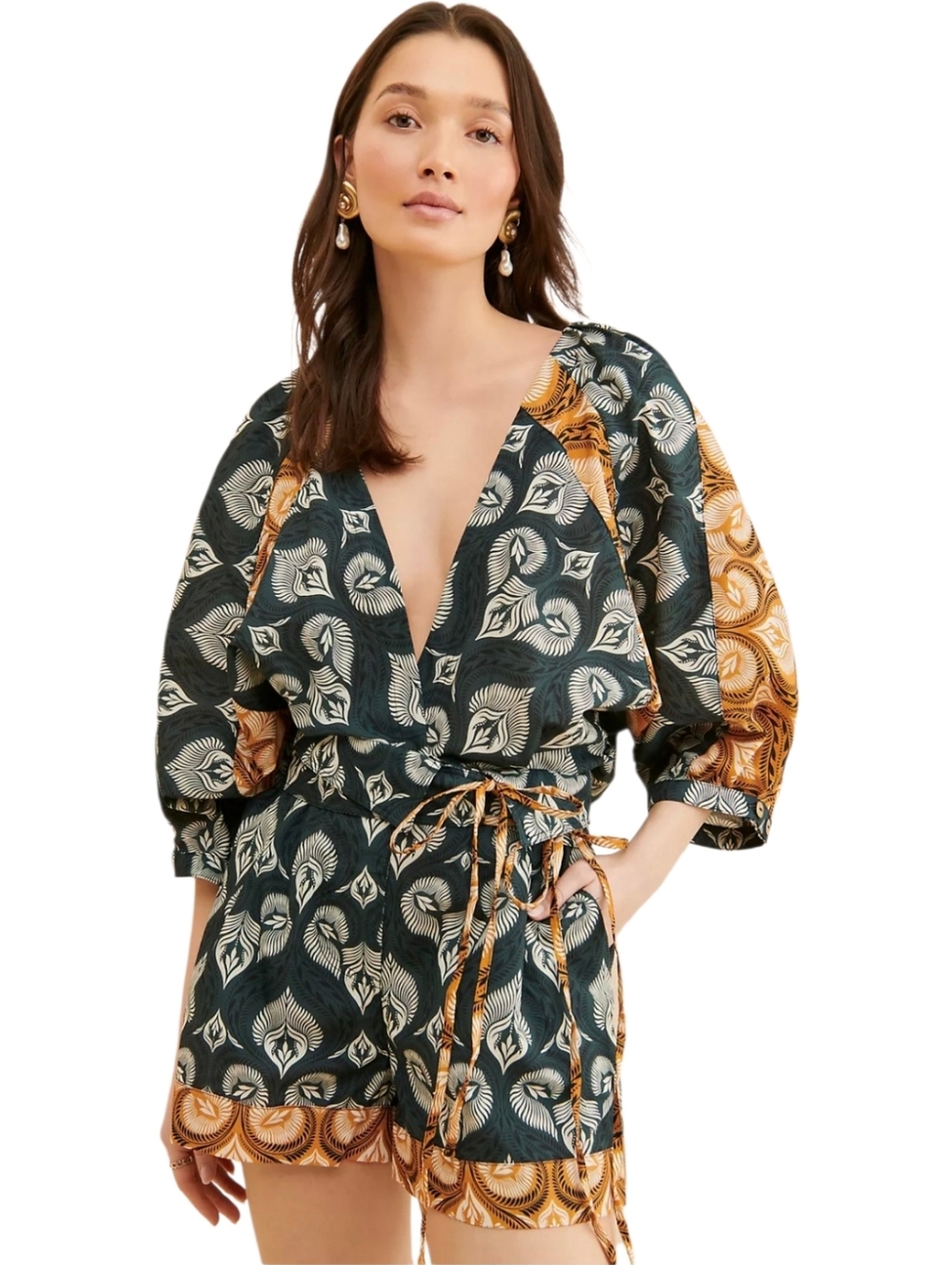 Agua Bendita Linnea Fera Printed Wrap Tie Romper Sz.S Boho Resortwear